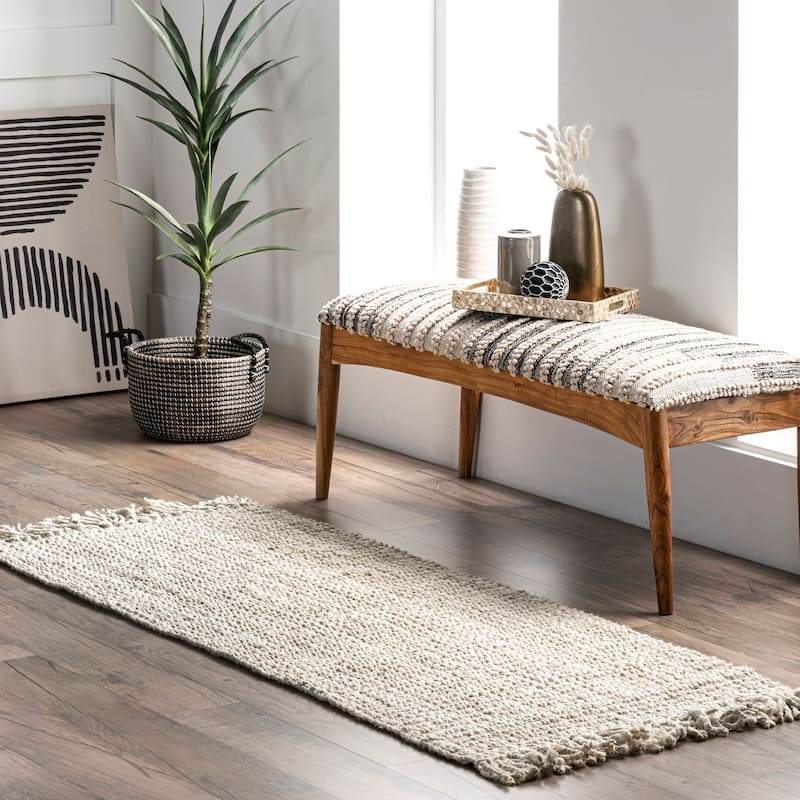 Nuloom Delilah Solid Chunky Jute Tassel Area Rug - 2'6" x 8' Runner - Off-White - Runner