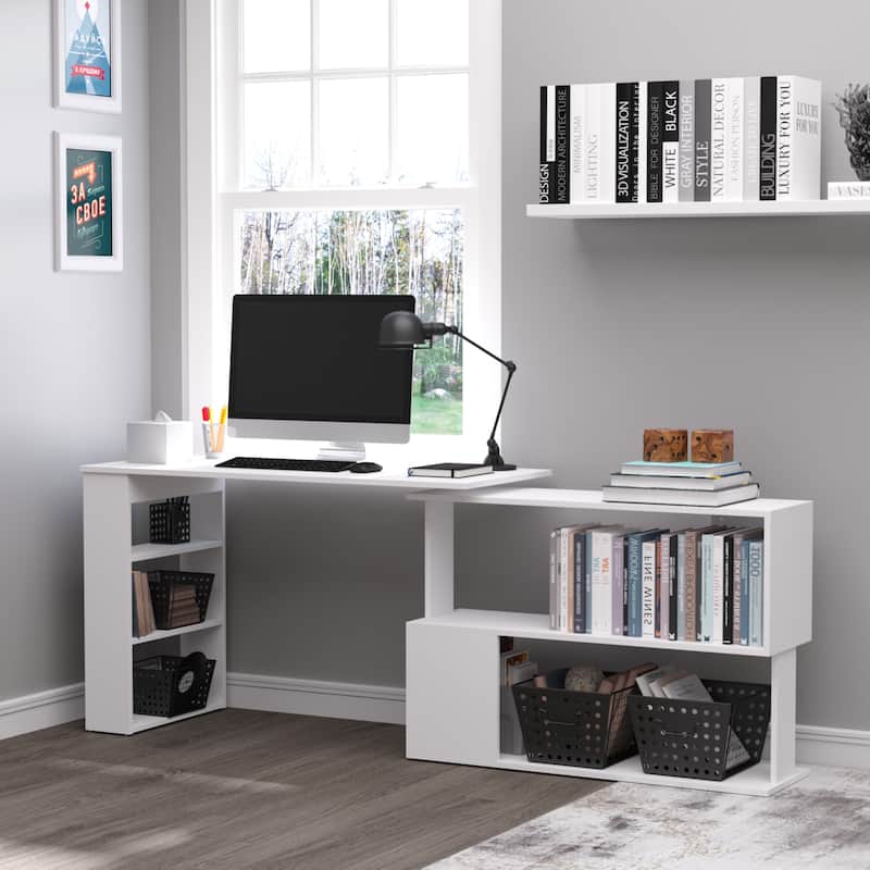 HOMCOM 360° Rotating L-Shaped Corner Desk: White, with Storage Shelves
