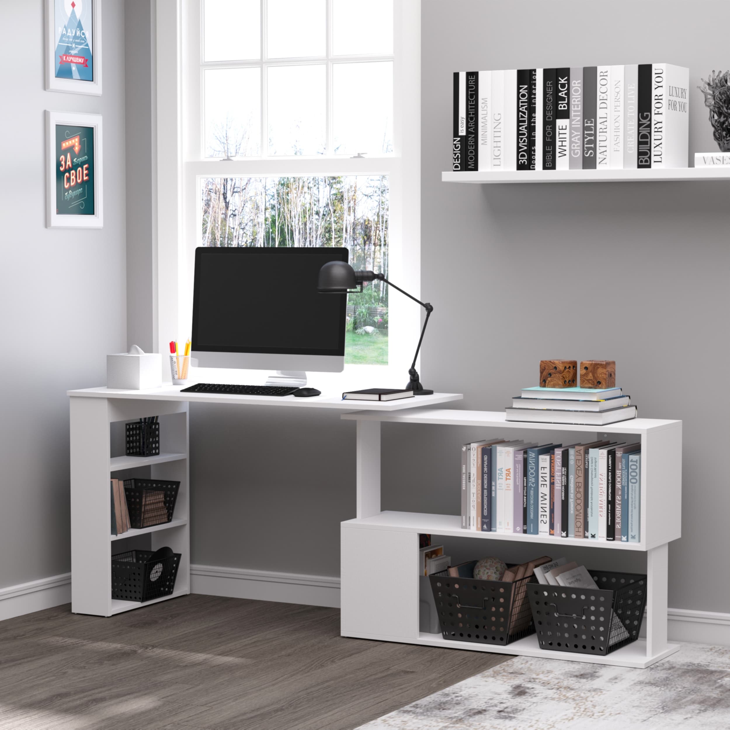 HOMCOM 360 Rotating L Shaped Corner Desk White with Storage