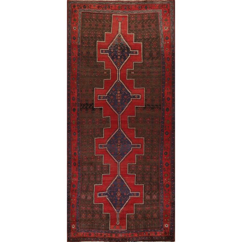 Geometric Hamedan Persian Vintage Area Rug Handmade Wool Carpet - 5'2"x 13'4"