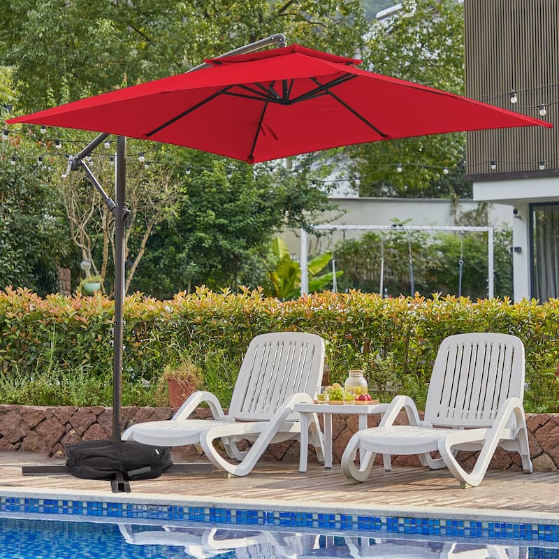 8ft×8ft Square Steel Crank-lift Cantilever Umbrella With Weighted Base - Red
