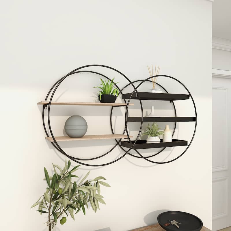 Metal Overlapping Circle 5 Level Geometric Wall Shelf with Wood Accents - Gold or Black