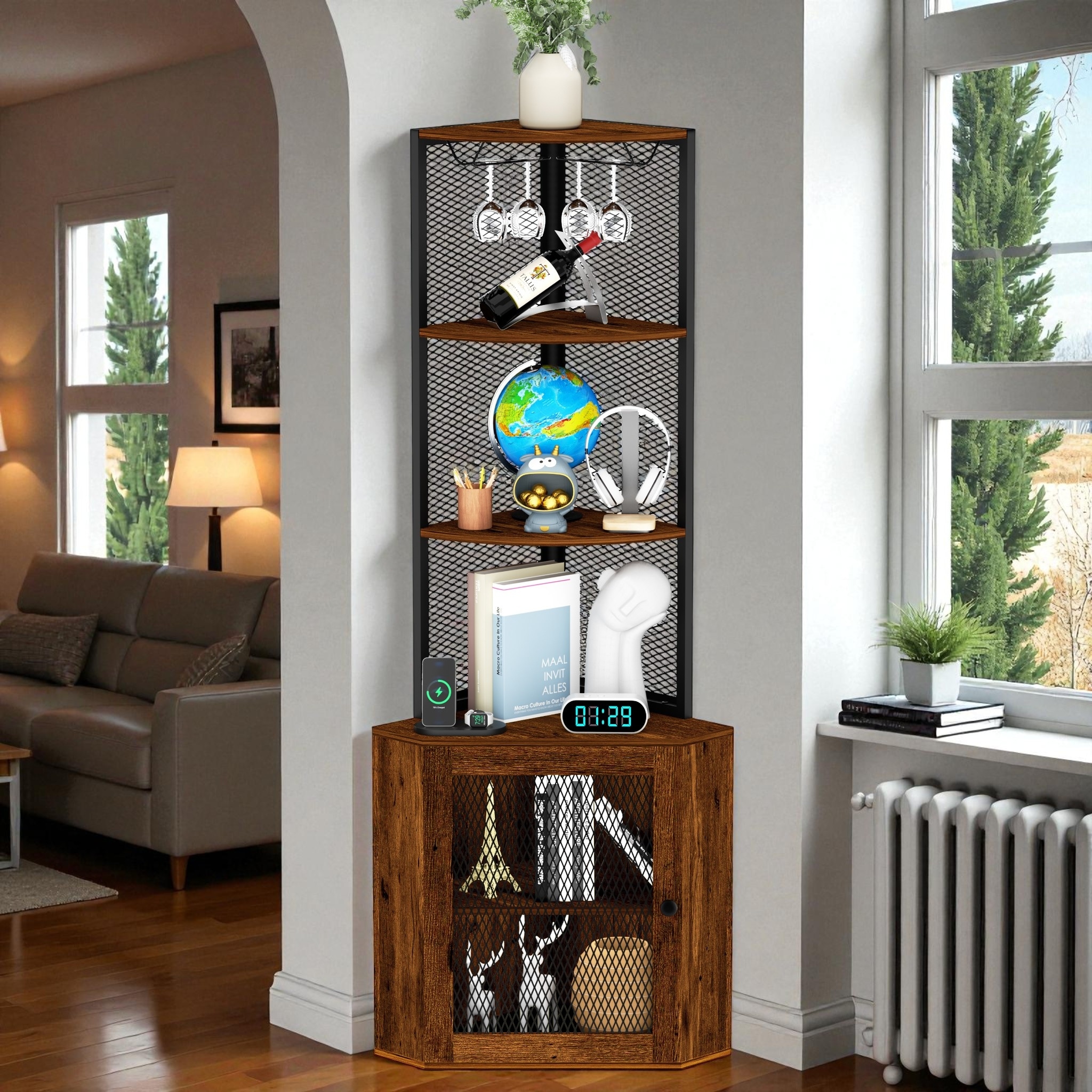 65" Corner Shelf Cabinet with Wine Glass Rack, 6-Tier Corner Bookshelf with Charging Station, Freestanding Storage Stand.