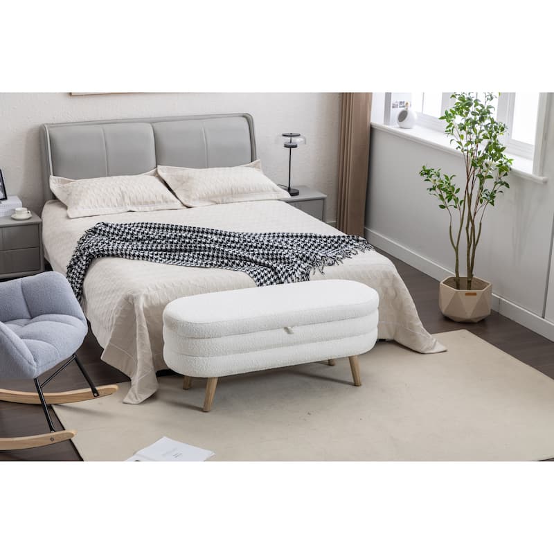 44.8" Storage Bench with 300lb Seating, Boucle Fabric Bed Bench with Wood Legs Safety Hinge