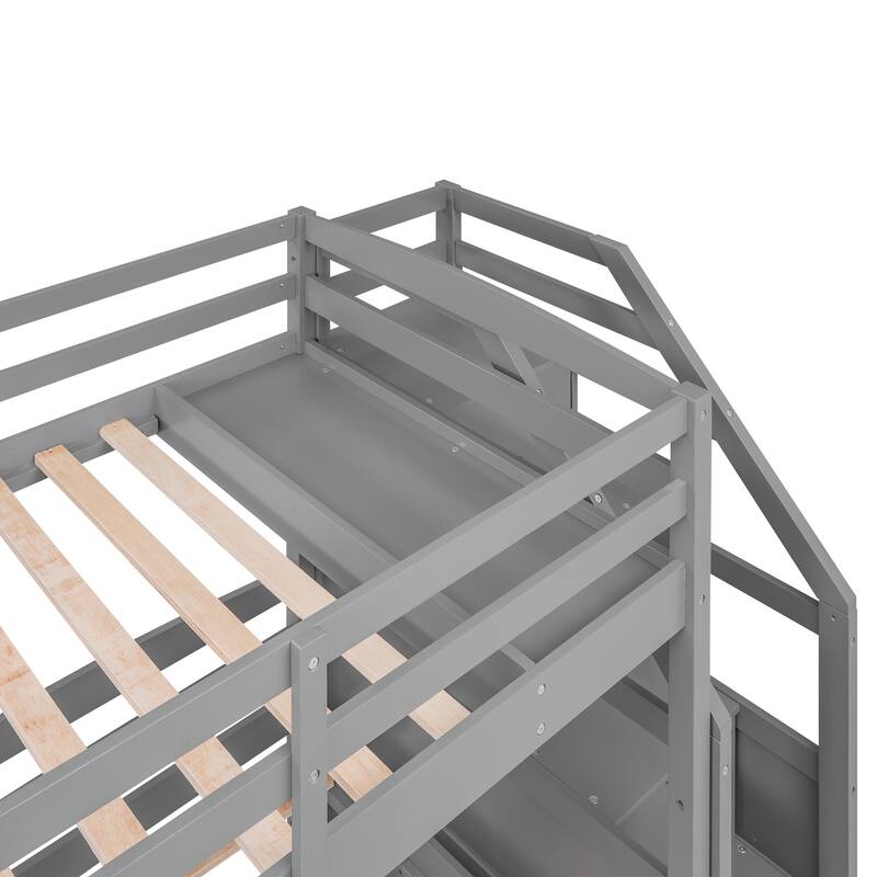 Twin Over Twin & Twin Pine Triple Bunk Bed with Drawers, Staircase, and Shelves