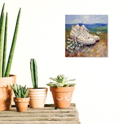 Wynwood Studio Canvas Fashion and Glam Sneakers Lost in a Field Blue and Cream White Rustic Wall Art Canvas Print