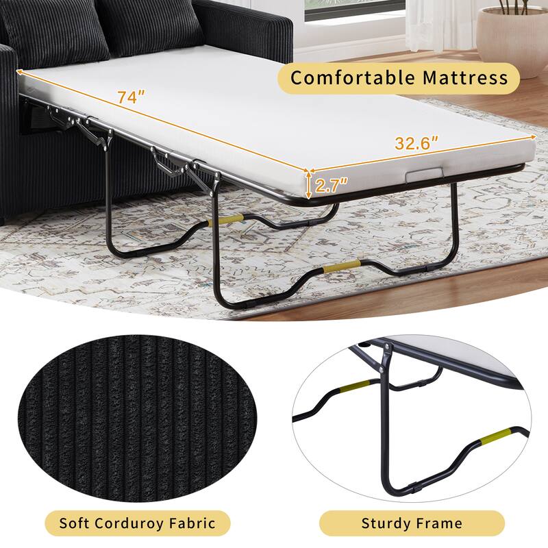 Twin Size Convertible Sleeper Sofa with Foldable Table, USB Ports and Lumbar Pillows, Black Corduroy