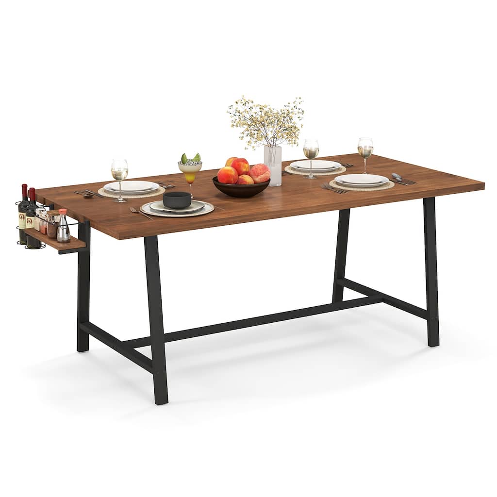 72" Rectangular Dining Table with Metal Frame and Wine Rack Condiment Tray for 6-8 Peoples - 72" x 36.5" x 30"