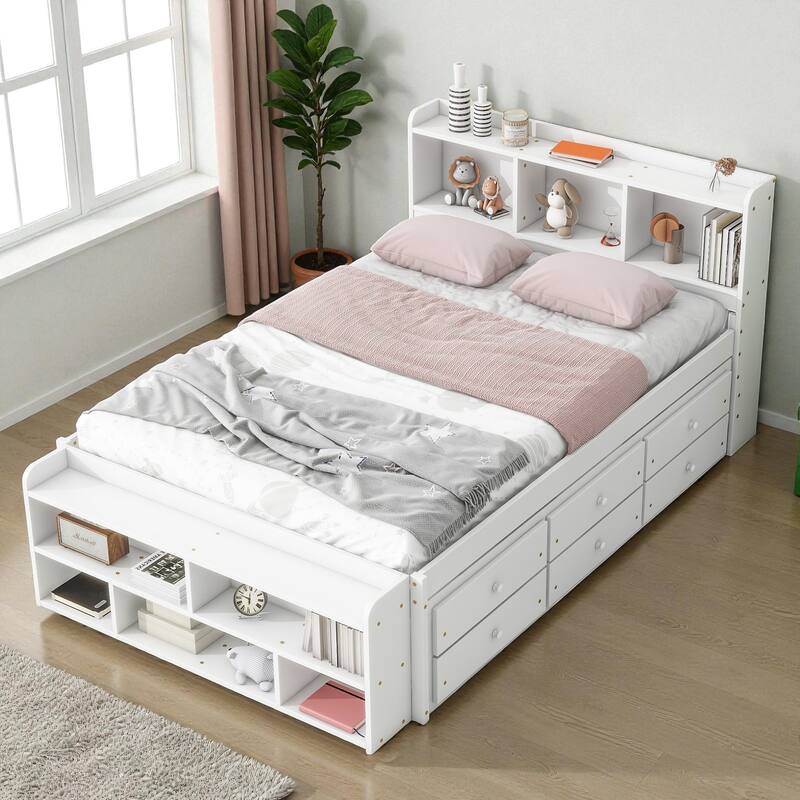 Full Size Wooden Storage Bed with Bookcase Headboard, 6 Drawers, and Bed-End Storage Case