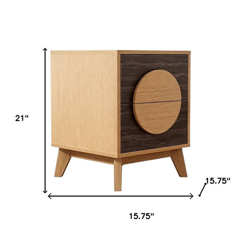 HomeRoots Set of Two 21" Oak And Dark Brown Solid Wood Square Two Drawer Nightstands