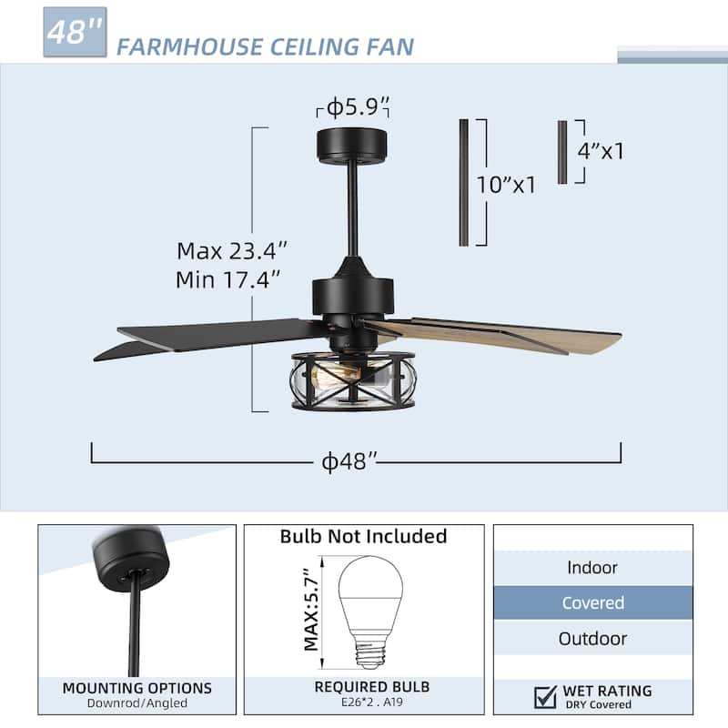 48 Inch Farmhouse Ceiling Fans with Light and Remote Control - 48"D x 48"W x 23.4"H