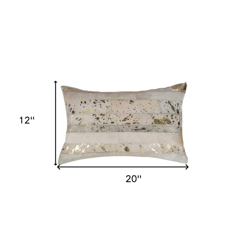 Set of Two 12" X 20" Natural and Gold Patchwork Cowhide Lumbar Throw Pillows with Glitter