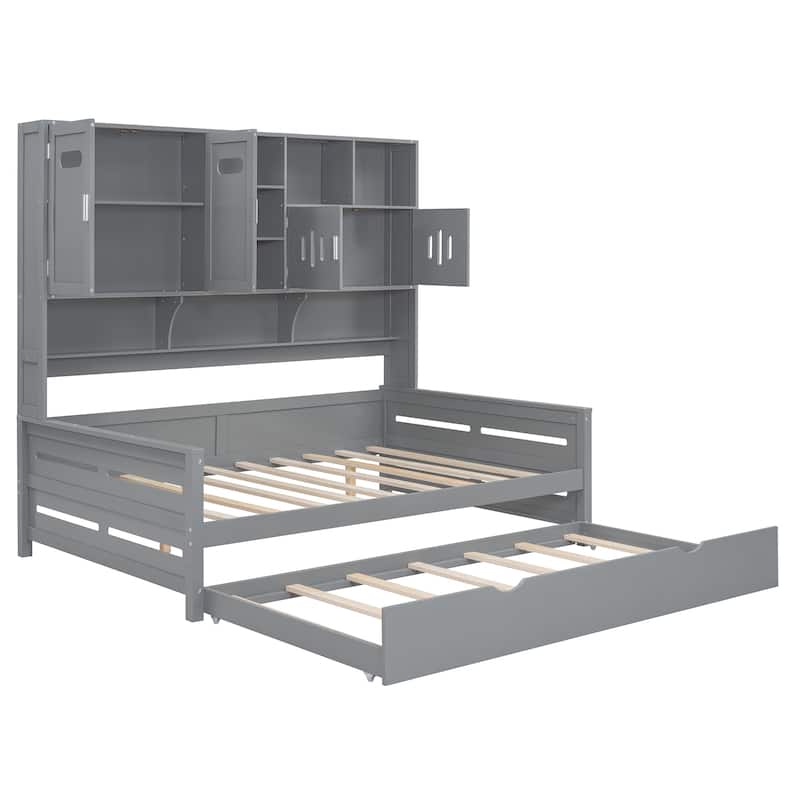 Full Size Wooden Daybed with Twin Trundle, Storage Cabinet & Shelves, Gray