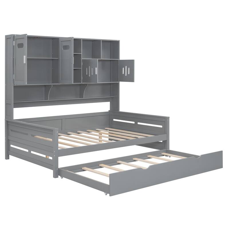 Space-Saving Full Size Daybed with Twin Trundle, Wooden Platform Bed Frame with All-in-One Cabinet & Shelf, No Box Spring Needed