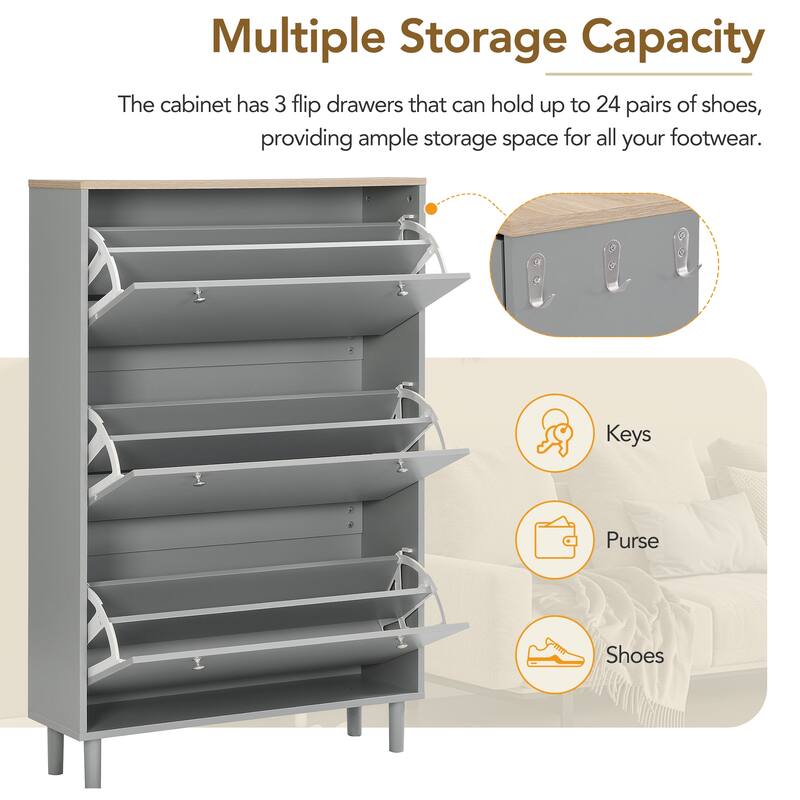 Narrow Shoe Cabinet with 3 Flip Drawers & Adjustable Shelves for Entryway Storage