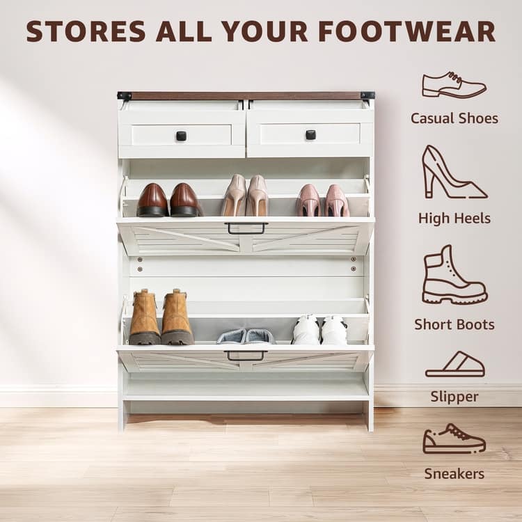 Farmhouse Shoe Cabinet with 2 Flip Drawers and 2 Storage Drawers – Slim Entryway Shoe Storage Cabinet, Narrow Shoe Organizer