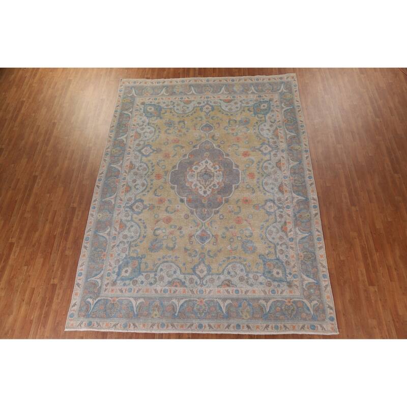 Hand Knotted Oriental 100% Wool Carpet Traditional Medallion Yellow & Gold Tabriz Area Rug - 12' 11'' X 9' 6''