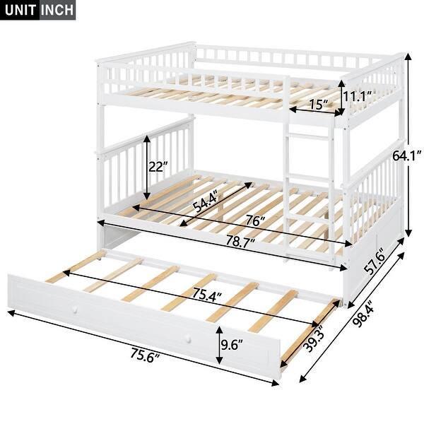 Full over Full Bunk Bed Frame w/Trundle-Convertible to 2 Platform Bedframe