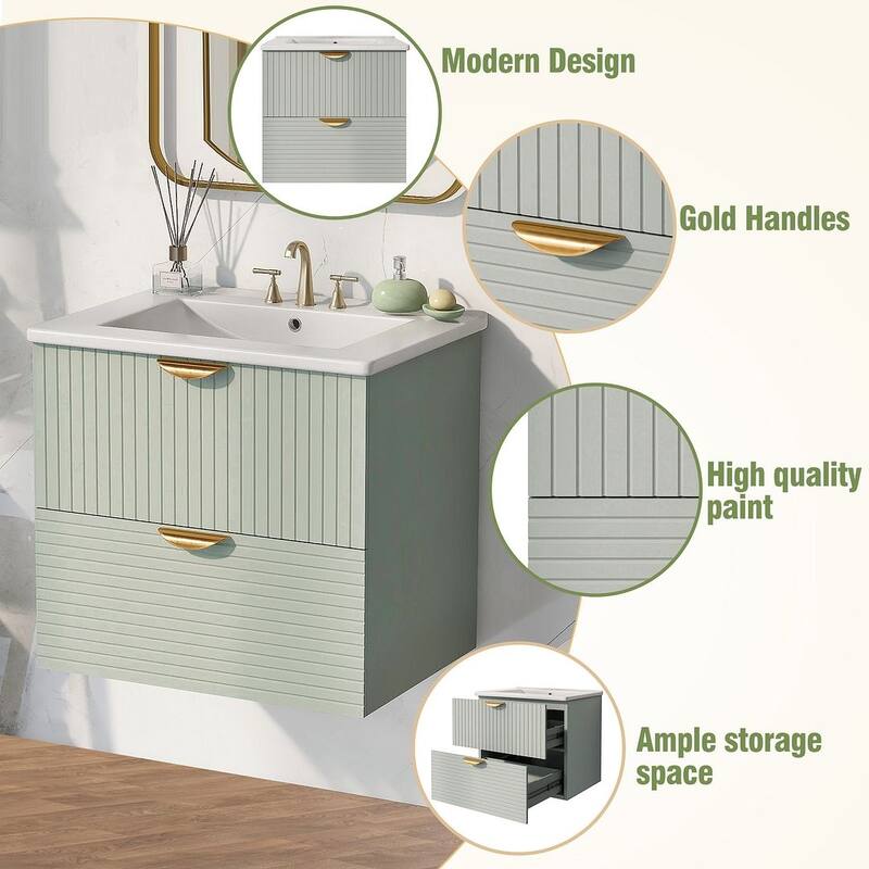 24” Modern Wall Mounted Bathroom Vanity with Ceramic Sink and 2 Drawers
