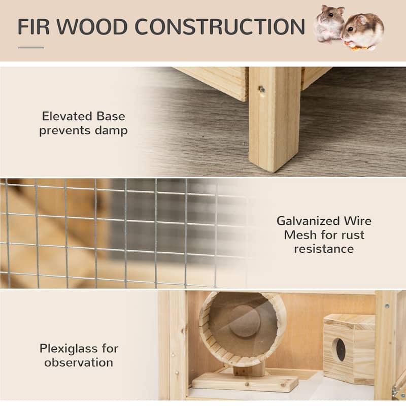 Natural Fir Wood Hamster Cage with Plexiglass Window and Multi-Level Play - 30.75"L x 16.25"W x 23.5"H