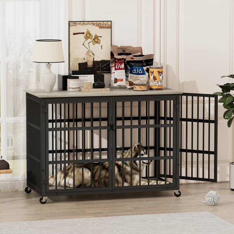 Decorative Pet House, Dog Crate Furniture with Iron Frame Door and wheels