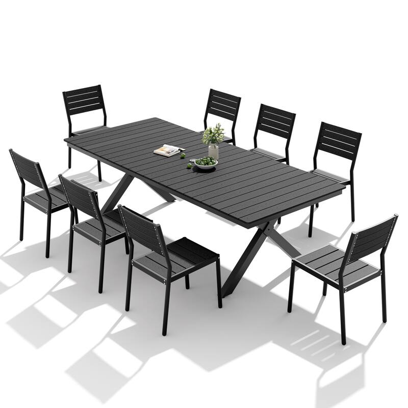9PC Outdoor Patio Aluminum Dining X Frame Table and Stackable Chairs Set with Umbrella Hole