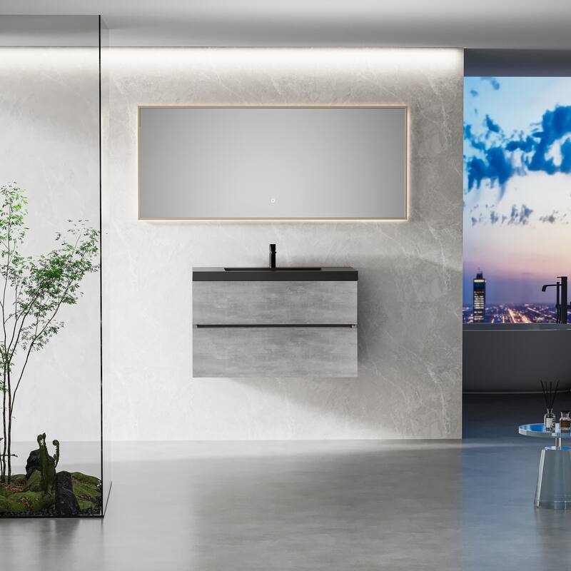 GDFStudio - Carter Floating Bathroom Vanity with Quartz Sand Countertop & Soft-Close Drawers