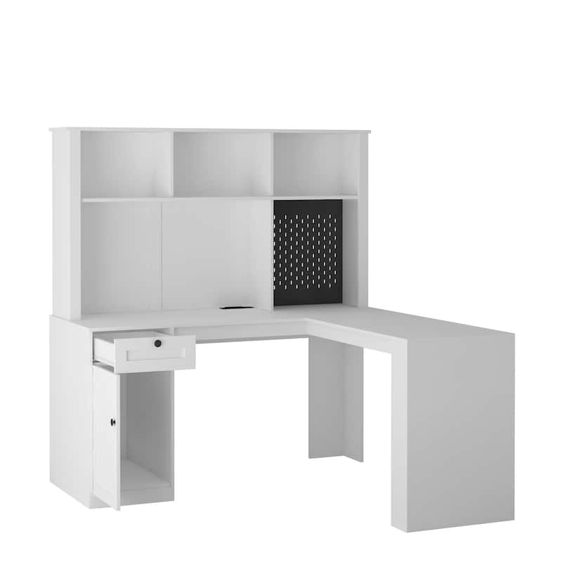 Roomfitters Modern L Shaped Computer Desk with Outlets & Hutch, Corner Workstation with Drawers, Bookshelf & Cabinet, White