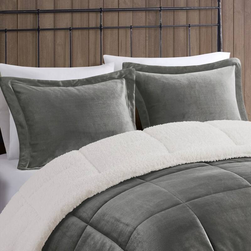 GDF Studio - Alton Plush to Sherpa Down Alternative Comforter Set - Charcoal & Ivory