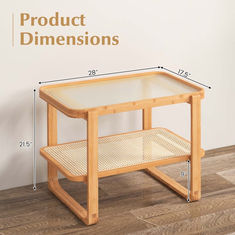 Costway Bamboo Side Table with Rattan Shelf Glass Top Nightstand Small
