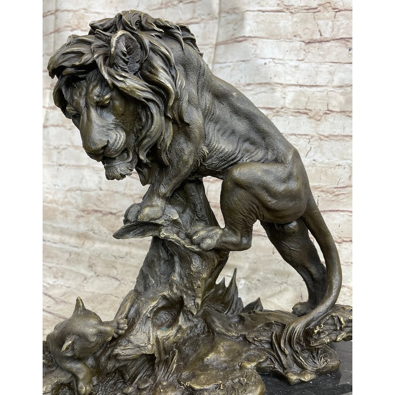 Male Imitative Lion W/ Cub Bronze Statue Sculpture Figure Barye Decor 14 Inches X 12 Inches