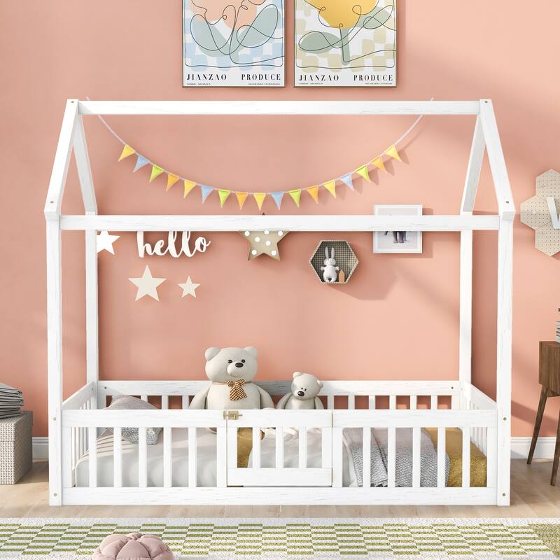 Twin Size Wood House Bed with Fence and Door Bed Bath & Beyond 38453032