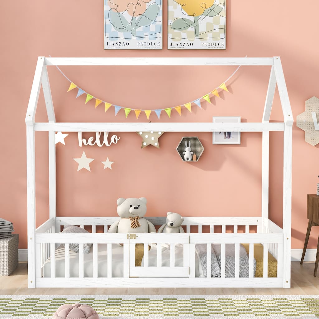 Twin Size Wood House Bed with Fence and Door