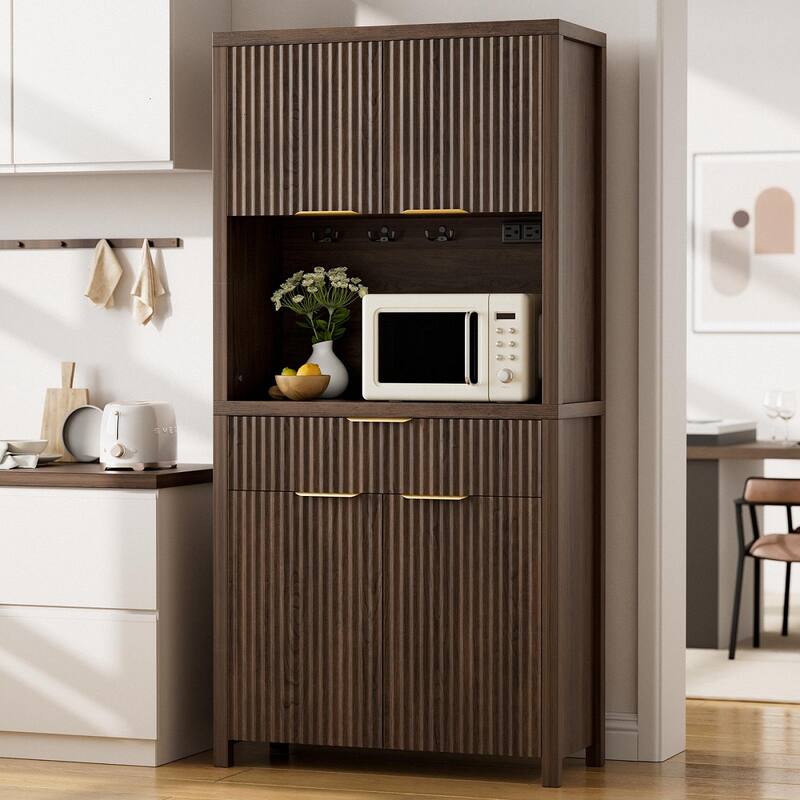71"Pantry Storage Cabinet with Drawer, Charging Station and Open Countertop for Dining Living Room - Walnut