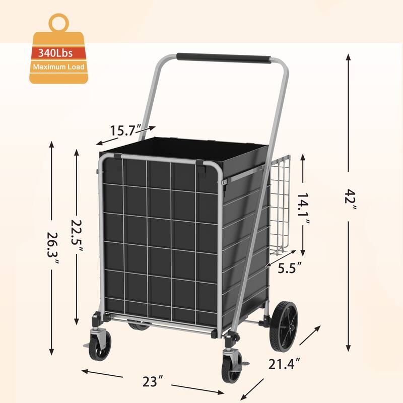 Foldable Grocery Shopping Cart w/ Brake & Double Basket and 360 Rolling Swivel Wheels