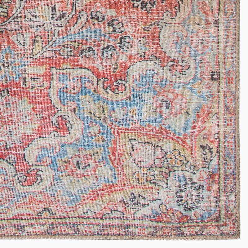 Gracewood Hollow Eddo Machine Washable Indoor/Outdoor Red and Light Blue Medallion Area Rug