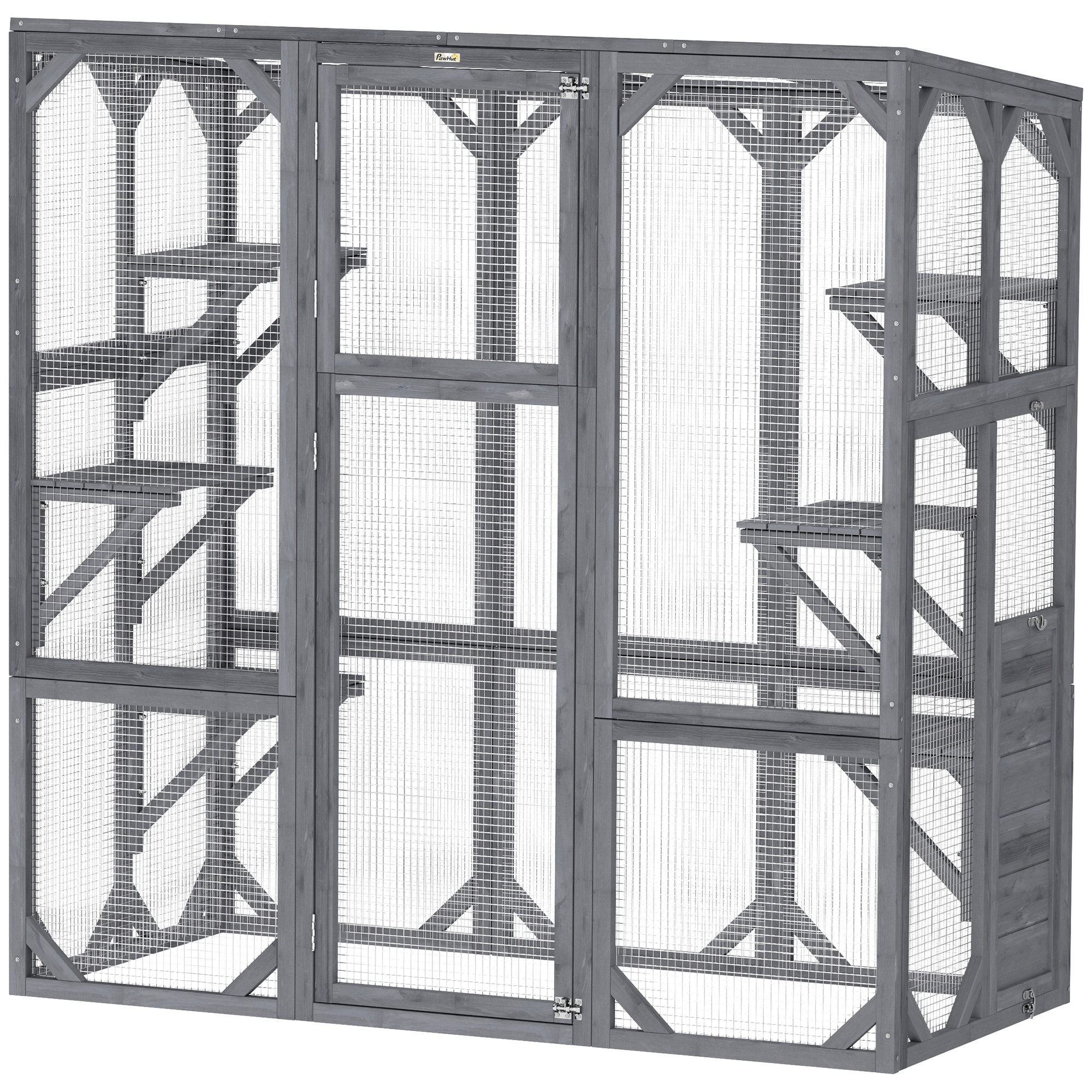 PawHut Catio Outdoor Cat Enclosure, Large Wooden Cat House with 6 Jumping Platforms, Weatherproof Roof