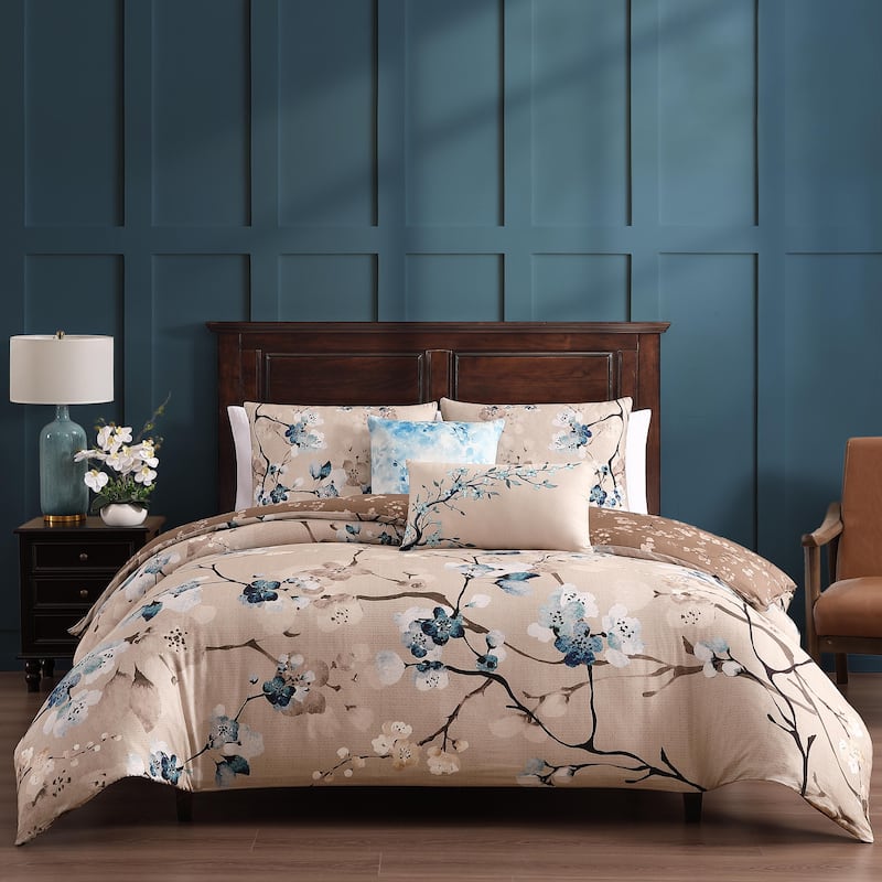 Bebejan Blue Blossom 100% Cotton Sateen 5 Piece Reversible Comforter Set