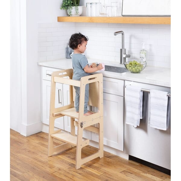 slide 2 of 21, Date - 4 in 1 Kitchen Tower, Desk, Step Stool and Chalkboard - Natural Natural