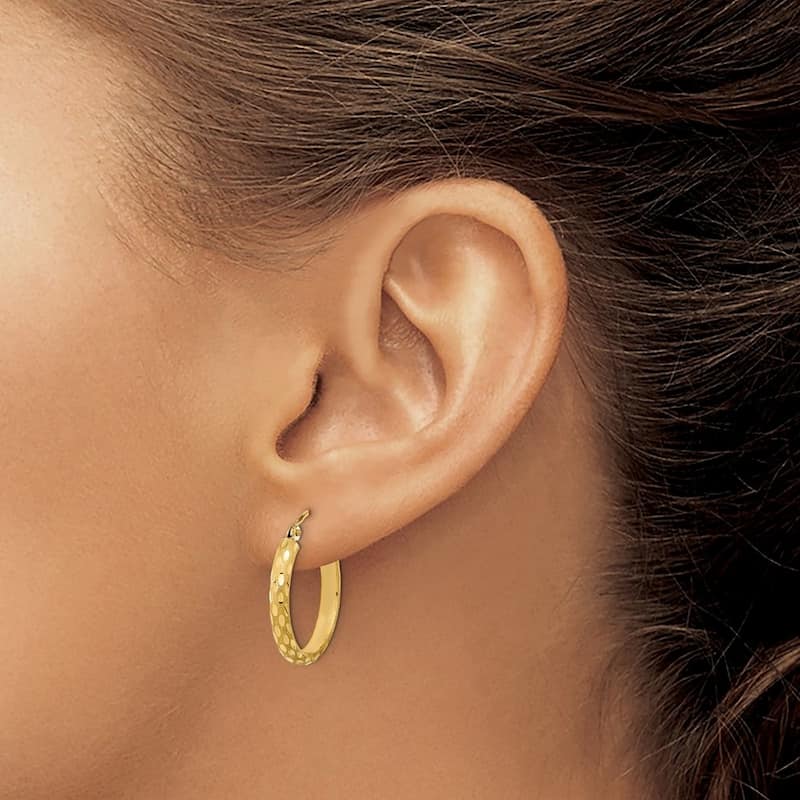 Curata 14k Gold Polished and Satin Sparkle Cut Hoop Earrings - 20.44x19.86mm Wide 2.75mm Thick