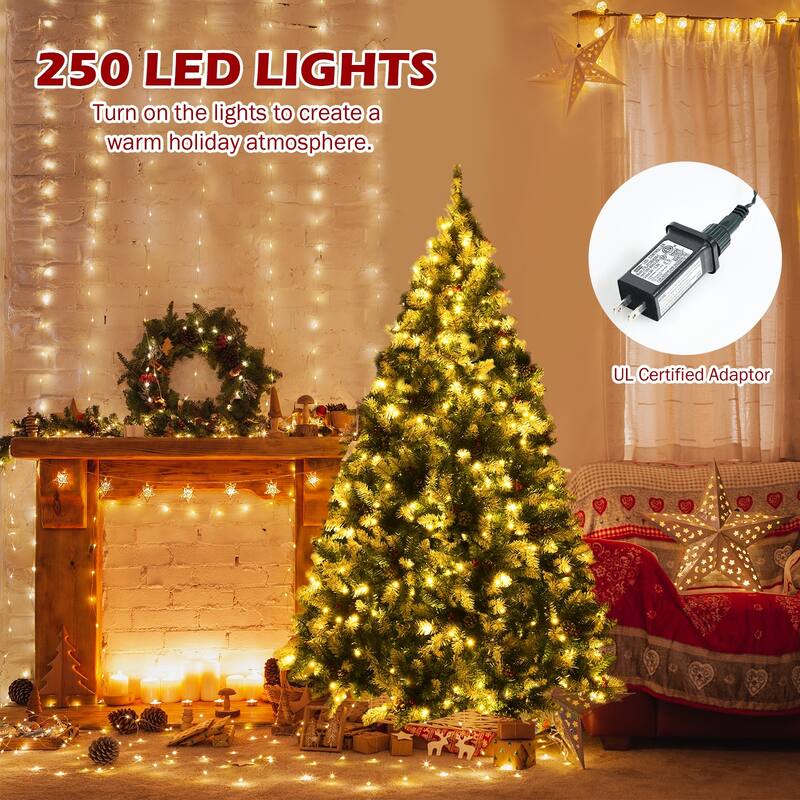 6 FT Pre-lit Snow Flocked Christmas Tree with Red Berries and 8 Lighting Modes