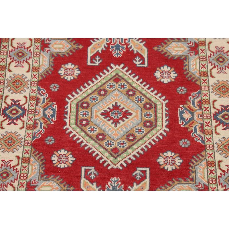 Geometric Red Kazak Accent Rug Handmade Wool Carpet - 3'2" x 5'1"