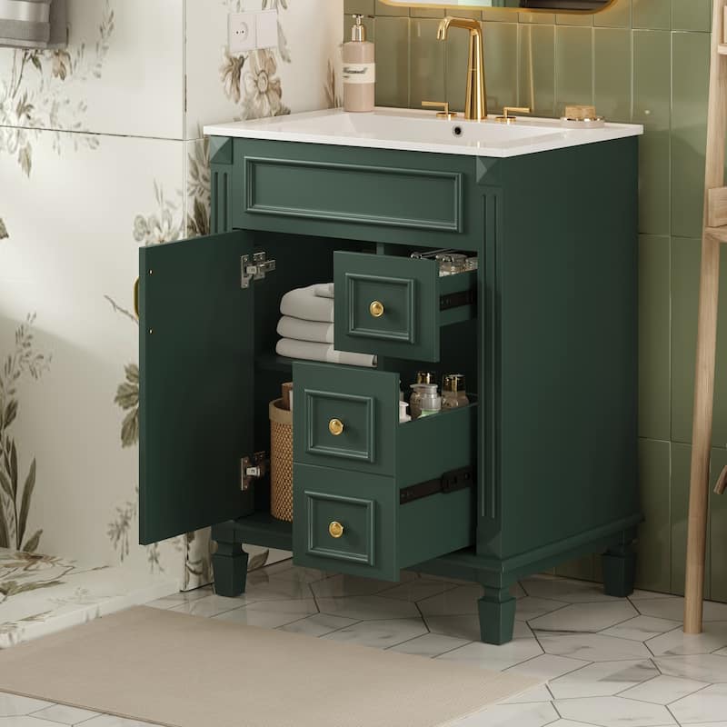 24" Bathroom Vanity with Ceramic Sink Bathroom Storage Cabinet with 2 Drawers and Adjustable Shelf