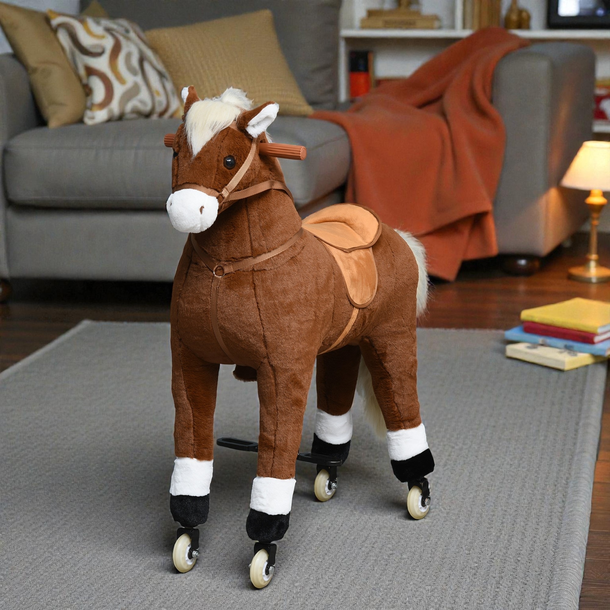 Kids Ride On Walking Horse with Rolling Wheels Plush Large Rideable Pony Toy for Boys Girls Ages 5-16