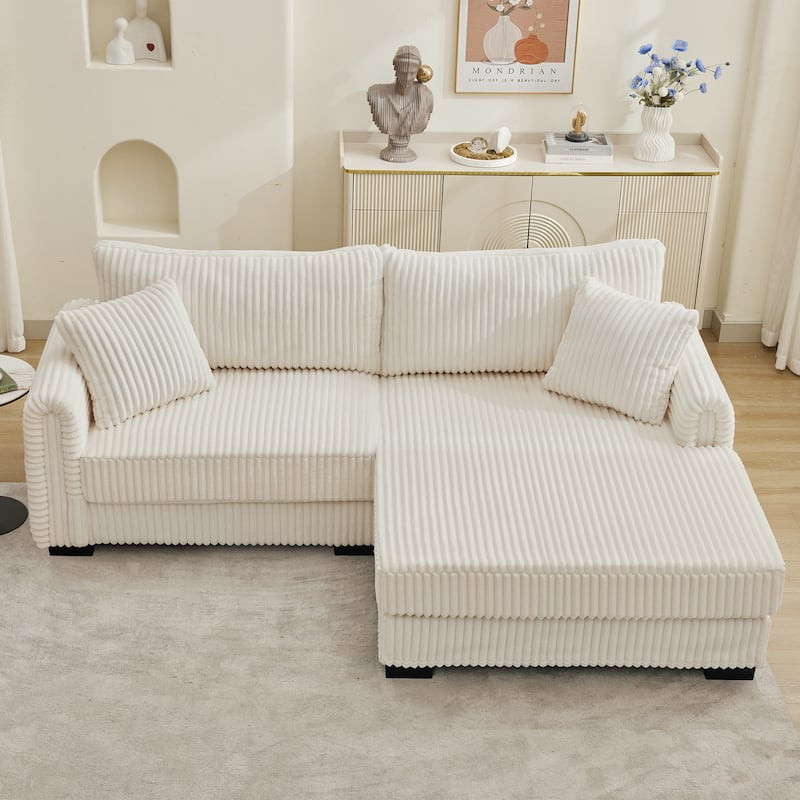 L-Shaped Sofa, 2 Seater Modular Sectional Sofa with Convertible Chaise, USB Ports, Corduroy Couch with Oversized Side Pocket