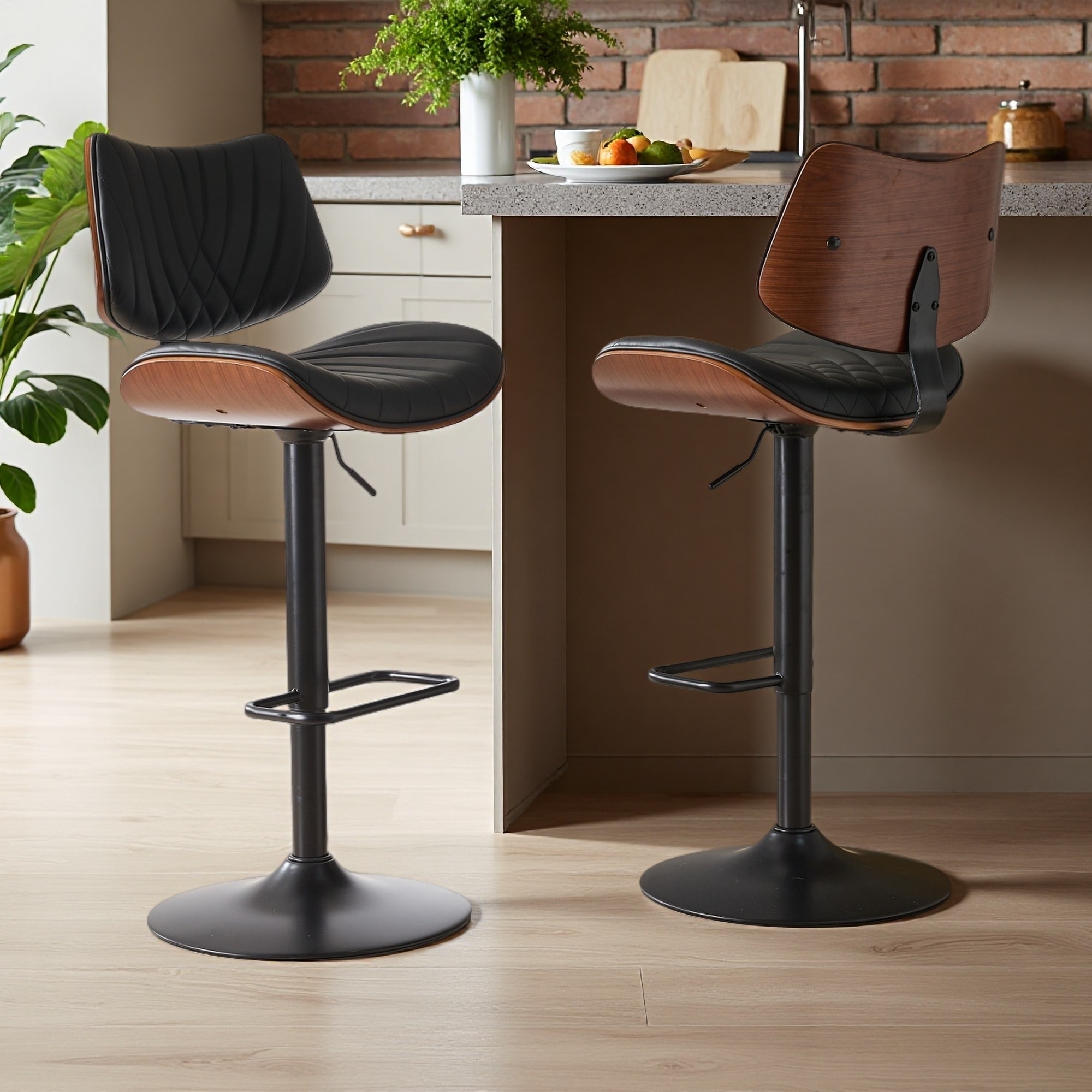 46.2"H Mid-Century Walnut Bentwood Adjustable Bar Stool with Faux Leather Seat