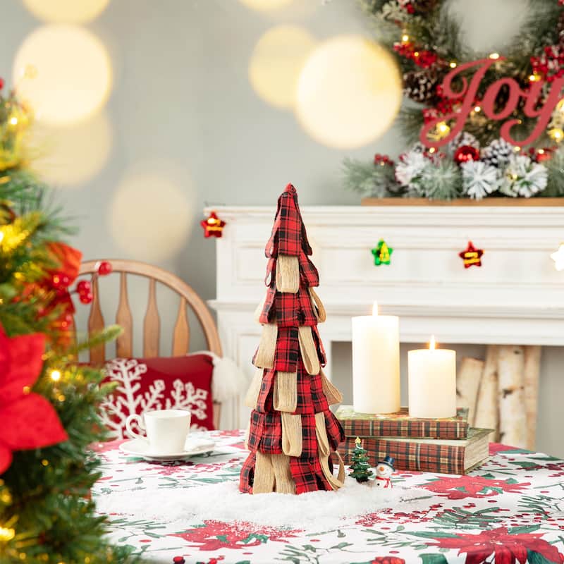 Glitzhome 17"H Christmas Plaid Fabric Tabletop Tree - 17-INCH