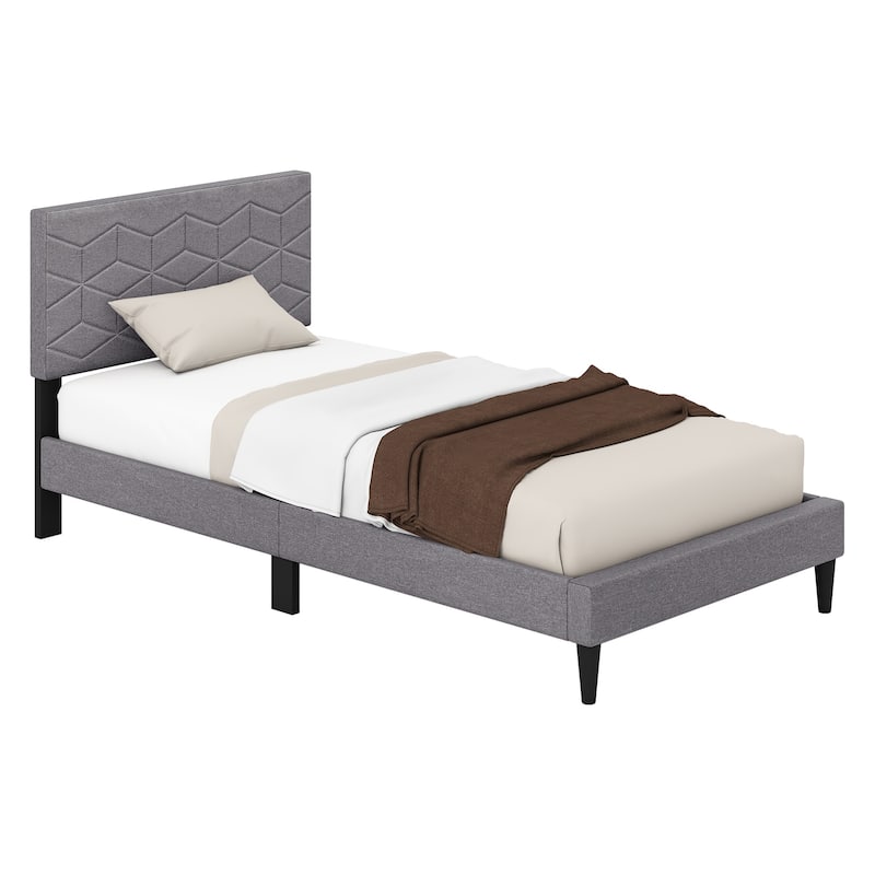 Gray Twin Size Upholstered Platform Bed Frame with Linen Headboard and Low Profile Modern Design