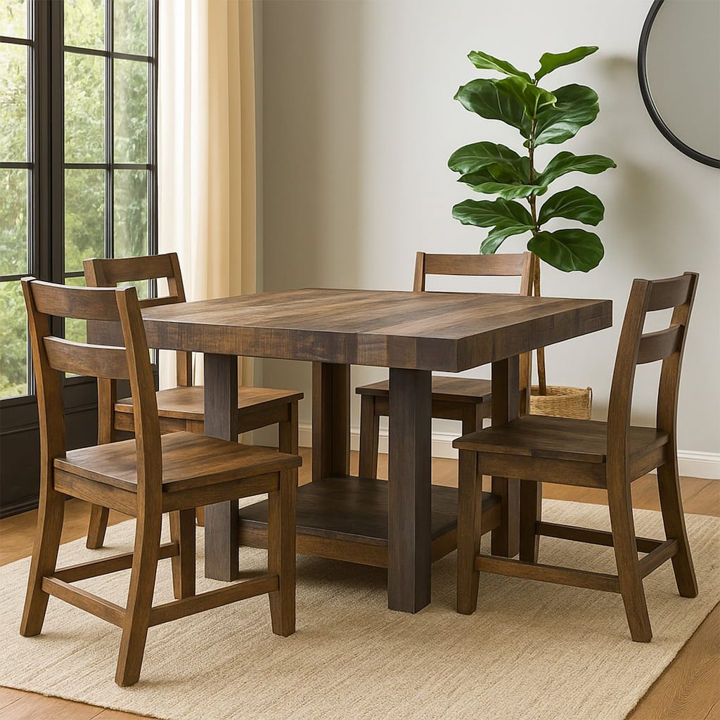 Linn 54 Inch Square Dining Table, Open Shelf, Gray, Rustic Brown Pine Wood