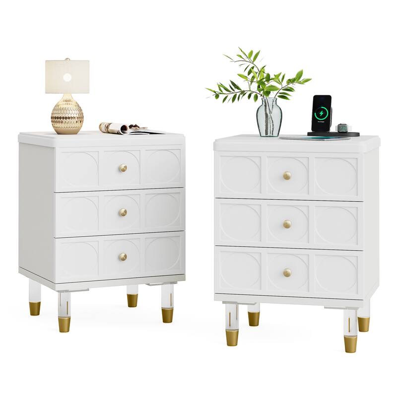 3-Drawer Bedside Table Nightstand for Bedroom - White+Gold-2PCS